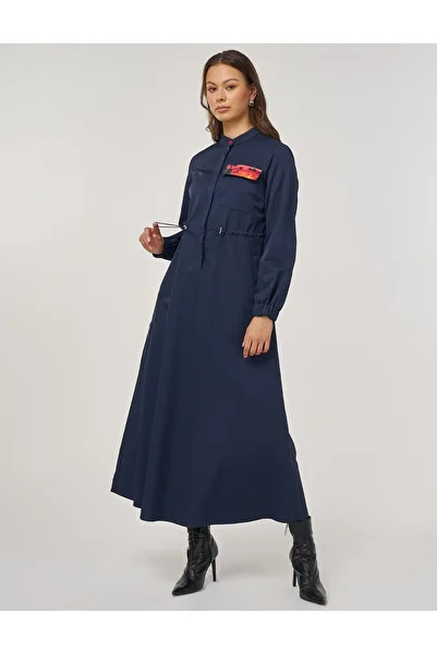 KYR Waist Gathered Cotton Dress Dark Navy Blue
