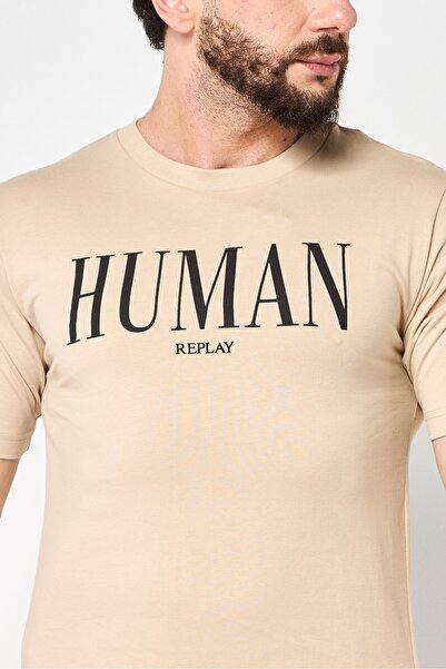 Replay Men Crew Neck Short Sleeves Graphic Print T-Shirt, Beige