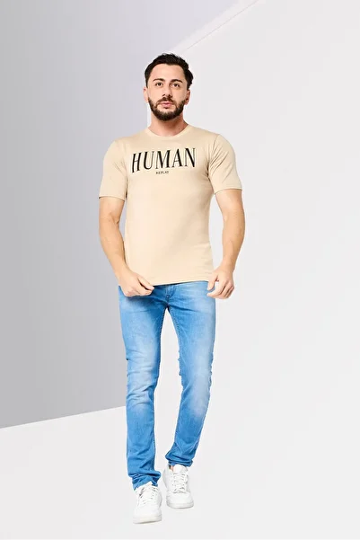 Replay Men Crew Neck Short Sleeves Graphic Print T-Shirt, Beige