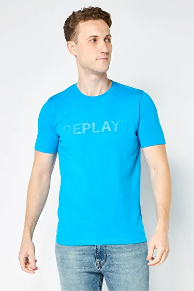 Replay Men Crew Neck Short Sleeve Brand Logo T-Shirt, Sage Blue