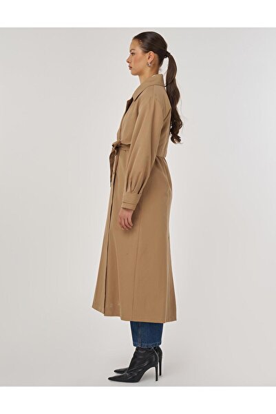 KYR Kuşaklı Uzun Trençkot Bej