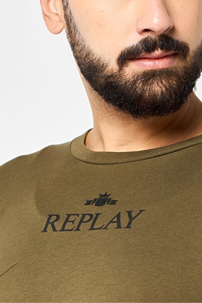 Replay Men Round Neck Short Sleeve Brand Logo T-Shirt, Dark Olive