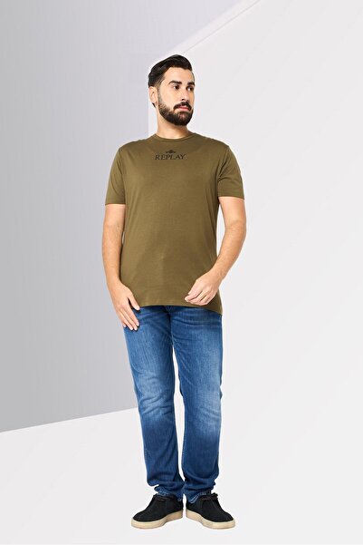Replay Men Round Neck Short Sleeve Brand Logo T-Shirt, Dark Olive