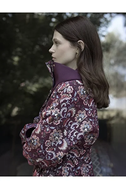 Kayra Patterned Wide Collar Jacket Dark Burgundy