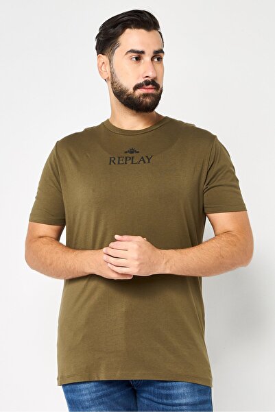 Replay Men Round Neck Short Sleeve Brand Logo T-Shirt, Dark Olive