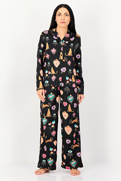 Bebe Women 2 Pieces Allover Print Long Sleeves Nightwear Set, Multicolor