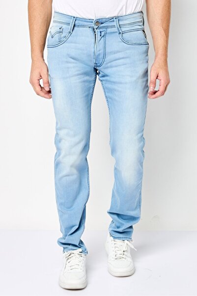 Replay بنطلون جينز رجالي قصة ضيقة من أنباس قابل للتمدد، أزرق فاتح