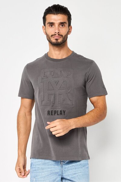 Replay Men Round Neck Short Sleeves Brand Logo T-shirt, Charcoal
