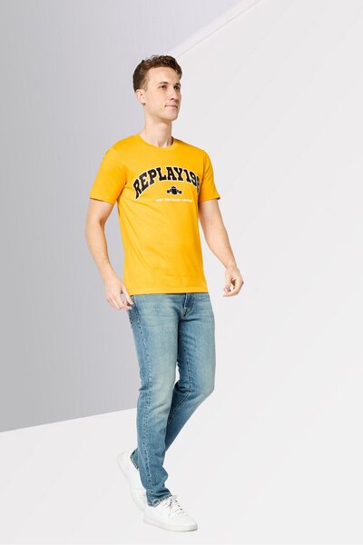Replay Men Crew Neck Short Sleeve Brand Logo T-Shirt, Golden Yellow