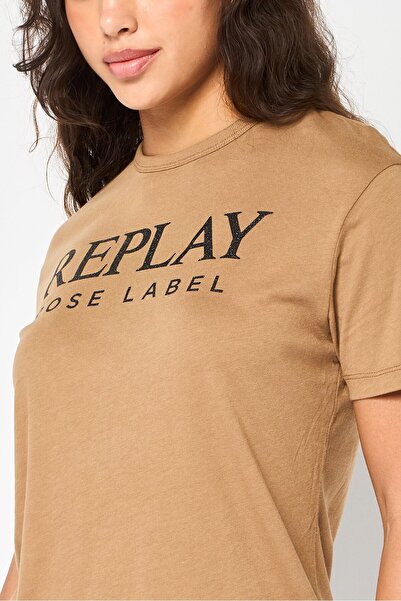 Replay Women Round Neck Short Sleeve Graphic Print T-Shirt, Brown