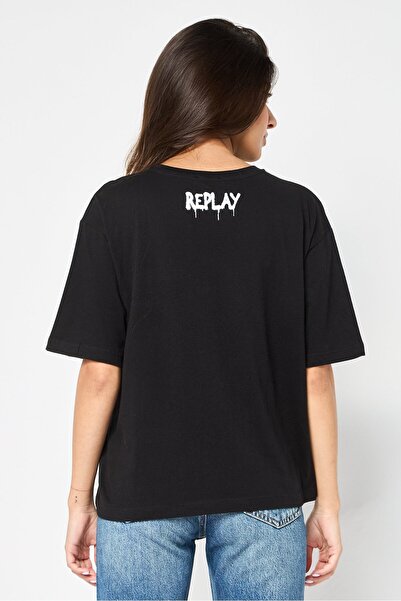 Replay Women Round Neck Short Sleeves Graphic Print T-Shirt, Black