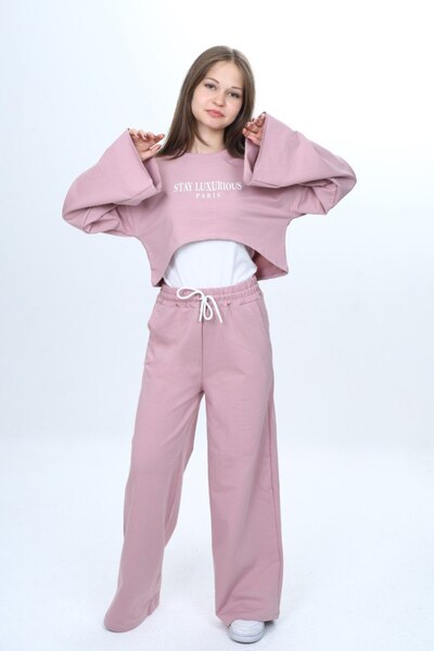 Asortix Girls' 100% Cotton 3 Piece Tracksuit Set – Modern Crop Top, Wide Sleeve, Sports Combination-182