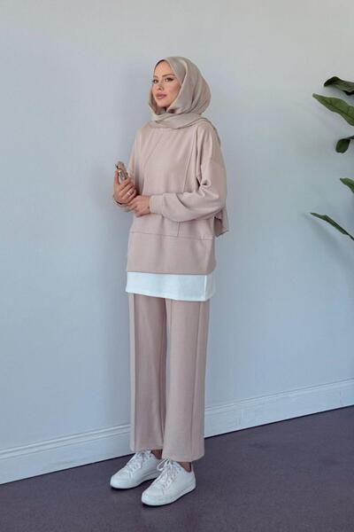 Şulemoda Giyim ميلودي إف آر إم بقطع قماش مخيطة معاً طقم بيج