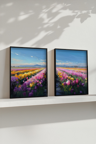 STARYUNA Set de pictură dublă cu cadru din lemn negru, cu vedere la câmpul de...