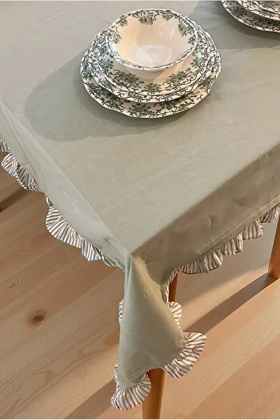 FH finehome Bohemian 100% Cotton Ruffled Tablecloth 150X220Cm Water Green