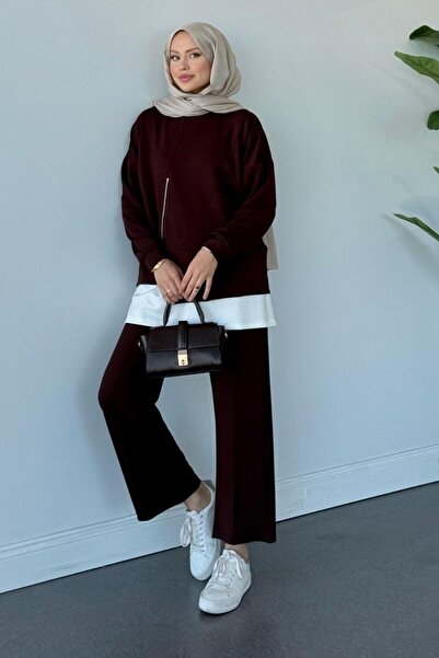 Şulemoda Giyim ميلودي Frm بقطع قماش مخيطة معاً طقم بني