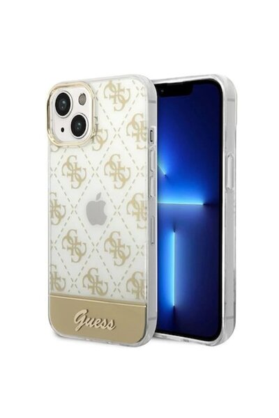 Guess PC/TPU Peony Glitter Script Logo Case for iPhone 14 Plus Gold
