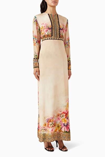 Feryal Al Bastaki Elegant Stand Collar Floral Maxi Dress Suitable for Any Occ...