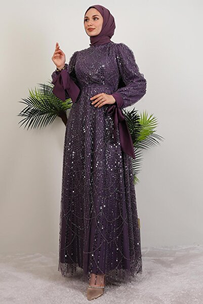 GİYZAMİLA Βραδινό φόρεμα με σατέν μανίκια σε σκούρο λιλά