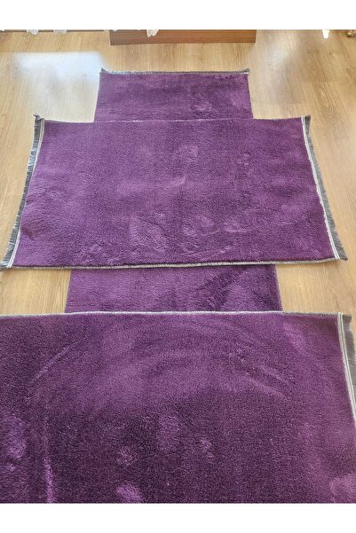 AKSU Modern peluş 3lü mor saçaklı yatak odası takımı yıkanabilir antibakteriyel kaymaztaban 75x250 75x120
