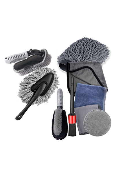 Flippy Set 9 Piese pentru Spalat Auto, Flippy, din Plastic si Microfibra, Perii si Lavete, Model A, Gri