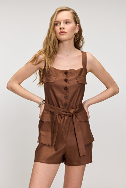 BROOKS BROTHERS Kadın Kahverengi Standart Fit Normal Kesim Kare Yaka Cepli Dü...