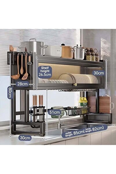 Taimi 3-Tier Over the Sink Dish Drying Rack 85 cm with Cover Black