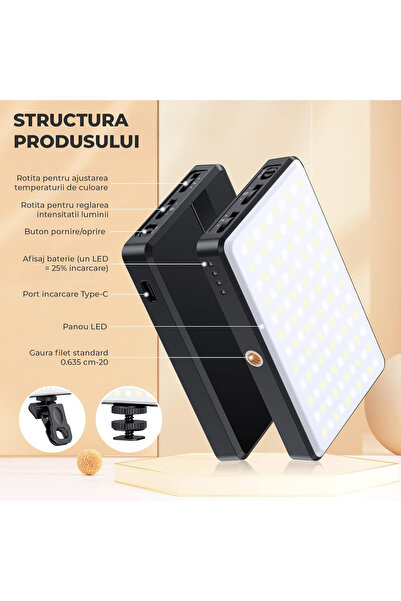 Elindor ® Portable LED Lamp for Phone, Tablet, Laptop, Camera, Compact Professional Light, Black