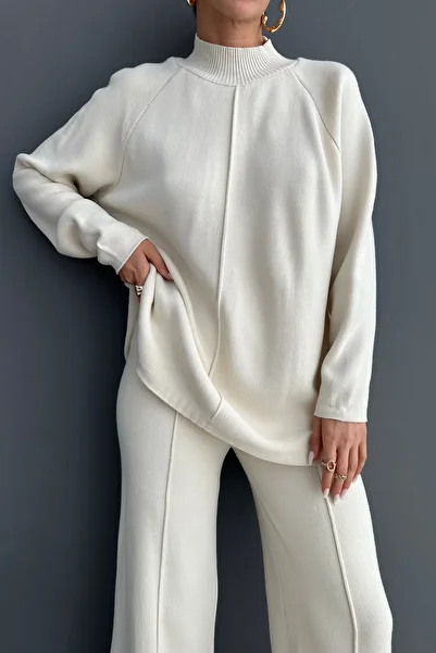 WOMAN VISION Women's Stand Collar Knitwear Fabric Long Sleeve Cream Sweater and High Waist Cream Pants Set 1070