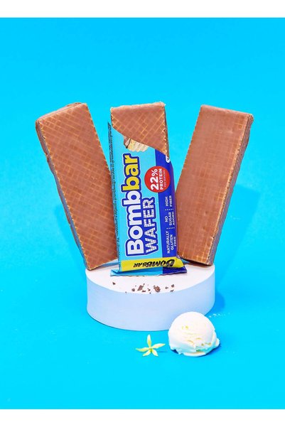 BOMBBAR High Protein Wafer with Vanilla Ice Cream Flavor, Gluten Free, High Fiber and No Sugar Added 12x45g