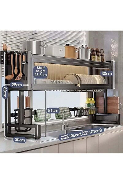Taimi 3-Tier Over the Sink Dish Drying Rack 105 cm with Cover Black, stainles...