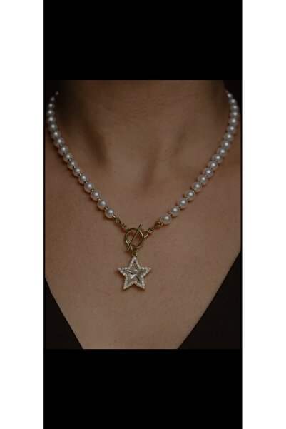 Aylish Bijuteri Gold Star and Pearl Steel Necklace