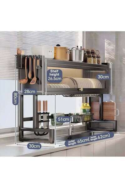 Taimi 3-Tier Over the Sink Dish Drying Rack 65 cm with Cover Black