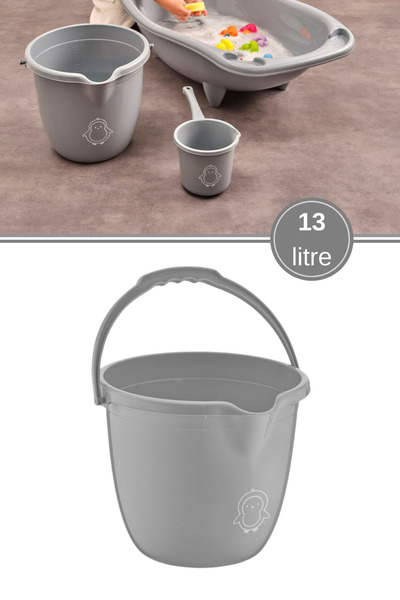 12den Bebek Banyo Kovası, Saplı Oluklu Çok Amaçlı Güvenli Ergonomik Su Temizlik Kovası 13 litre Gri