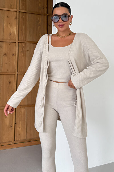 MODAGEN Women's Beige Strappy Tank Top with Cardigan and Bottom-Top Leggings Interlock Set