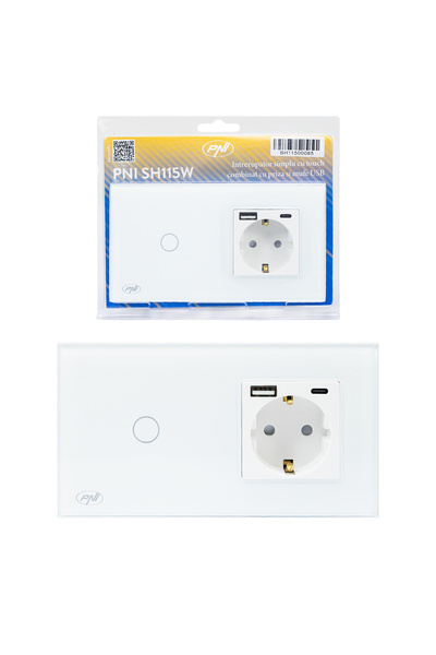 PNI Simple switch SH115W glass with touch, combined with Schuko socket and USB sockets