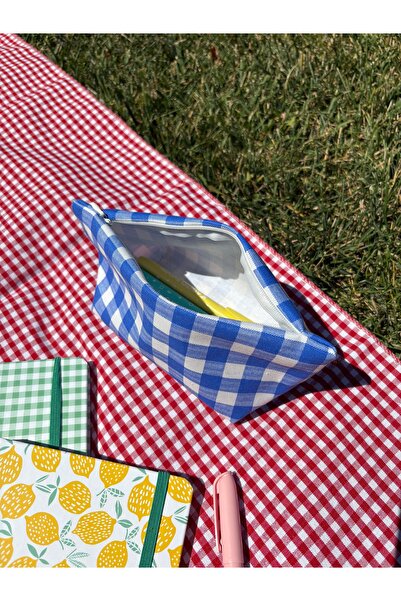 MEKİK BUTİK MAVİ Pötikareli Çevre Dostu Yıkanabilir Fermuarlı BEZ KALEMLİK / Makyaj çantası