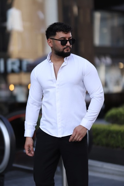 L-KOM Cămașă clasică din bumbac cu mânecă lungă și guler cu nasturi ascunși s...