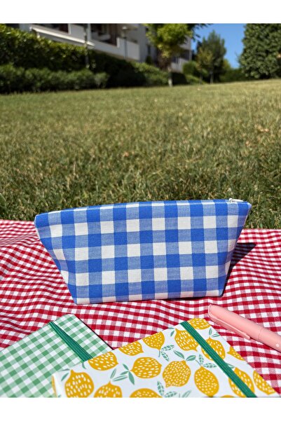 MEKİK BUTİK MAVİ Pötikareli Çevre Dostu Yıkanabilir Fermuarlı BEZ KALEMLİK / Makyaj çantası