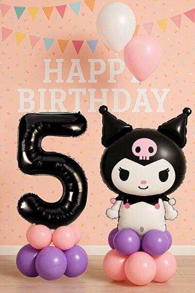 PARTİAVM Kuromi 5 Yaş Doğum Günü Balon Seti Figürlü Siyah Rakam Pembe Mor Pas...