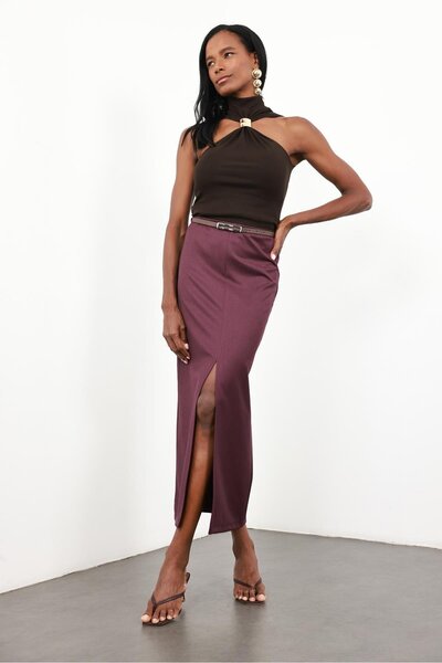 5in1Canpolat تنورة ضيقة بفتحة على شكل قلم رصاص بلون البرقوق 41093