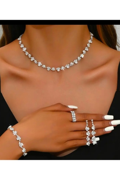 Handmade Kolye, küpe, yüzük 3lü aksesuar set, Şık özel gece takı seti
