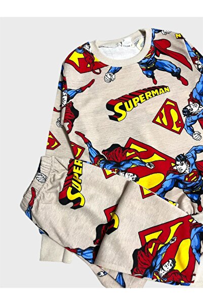 ALİŞ KİDS Fiú pamut bézs színű, hosszú ujjú szezonális pizsama szett