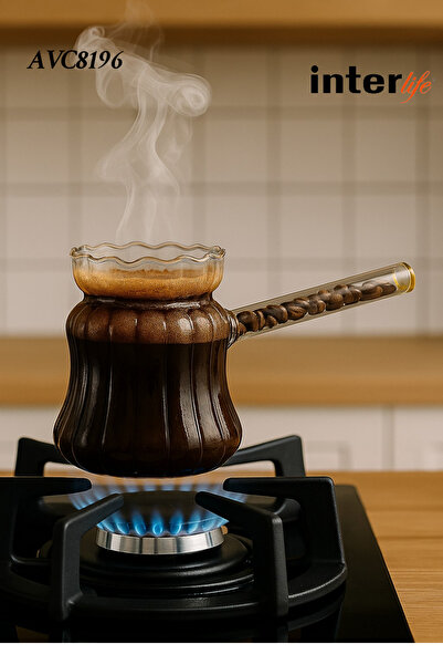 İnterlife Kahve Çekirdeği Kulplu Cam Cezve Isıya Dayanıklı ÇİZGİLİ Modern Tas...