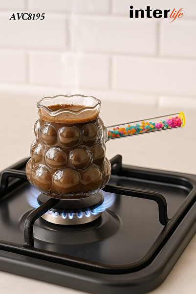 İnterlife Çiçekli Kulplu Cam Cezve Isıya Dayanıklı ÜZÜM Modern Tasarım Cezve ...