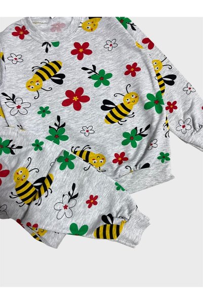 tusem butik homewear طقم بيجامة موسمي بأكمام طويلة من القطن باللون الرمادي بنمط زهرة النحل للفتيات