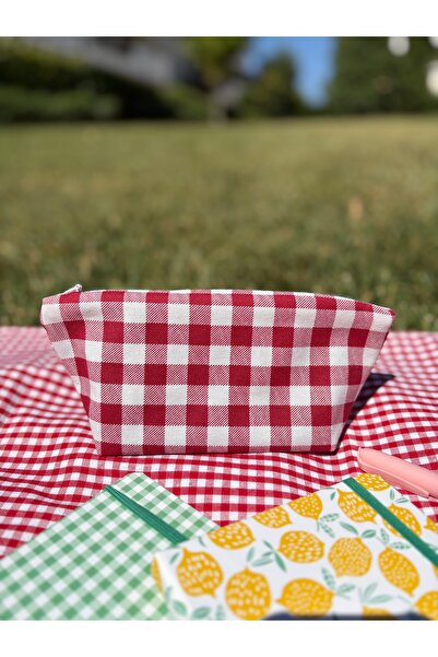 MEKİK BUTİK Red Gingham Eco-Friendly Washable Zippered Tissue Pen Case / Makeup Bag