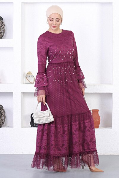 Missvalle Βραδινό φόρεμα με μανίκια με δαντέλα με πέρλες Plum 12213