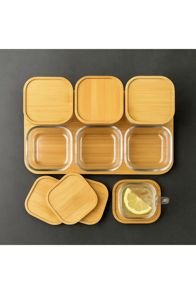 İnterlife Glass Breakfast Set with 6 Bowls and Bamboo Trays, Breakfast Set with Bamboo Vacuum Lid, Durable