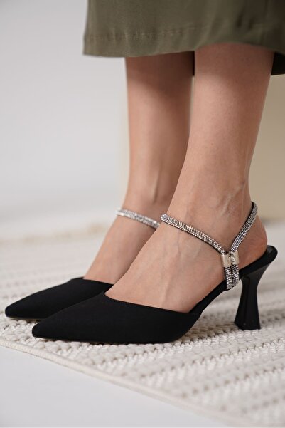 AuroraStore Georgina Women's Stoned Black Satin Heeled Shoes